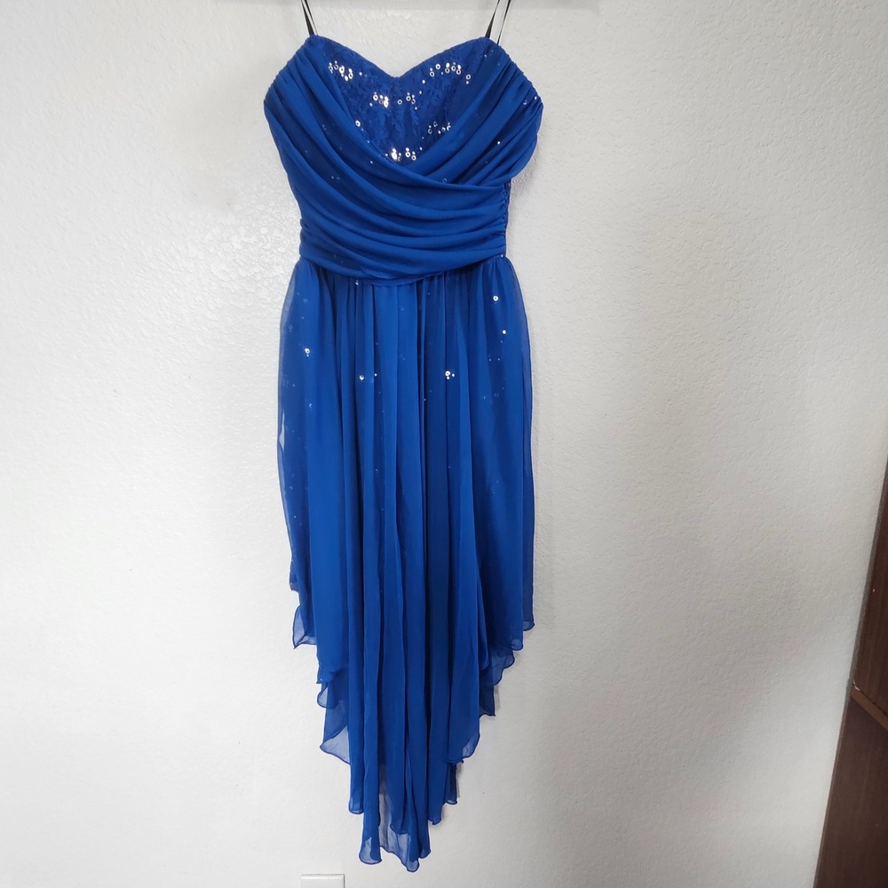 City Triangles Royal Blue Sequin Lace Hi Low Spaghetti Strap Dress Size 5 - Picture 4 of 6